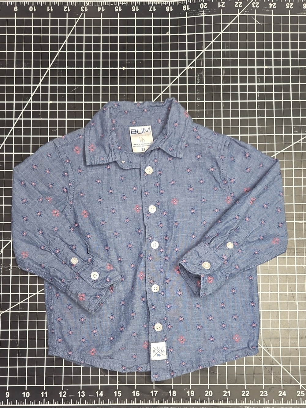 BUM Equipment Toddler Blue Button-Down Long-Sleeve w/ Pink Floral Accents 2T